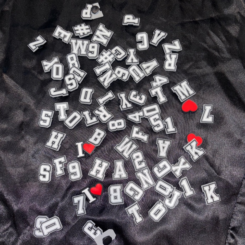 CROC CHARMS A-Z 74+4 pieces total letters & hearts decor. ALL NEW NEVER WORN.